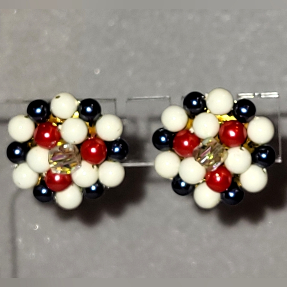 Vintage Faux White / Black / Red / AB Crystal Cluster Gold Tone Clip On Earrings